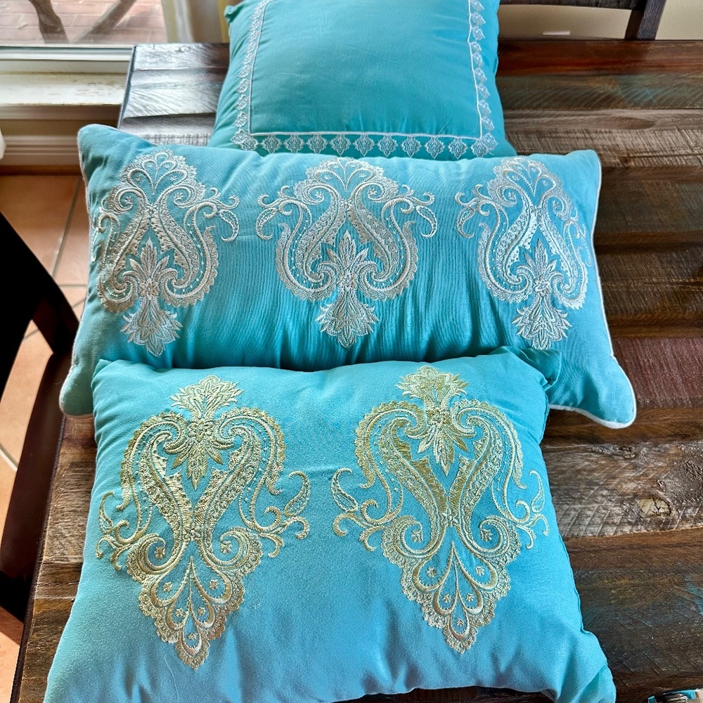 Set of 3 Pillows - blue and green with white designs- NEW!!